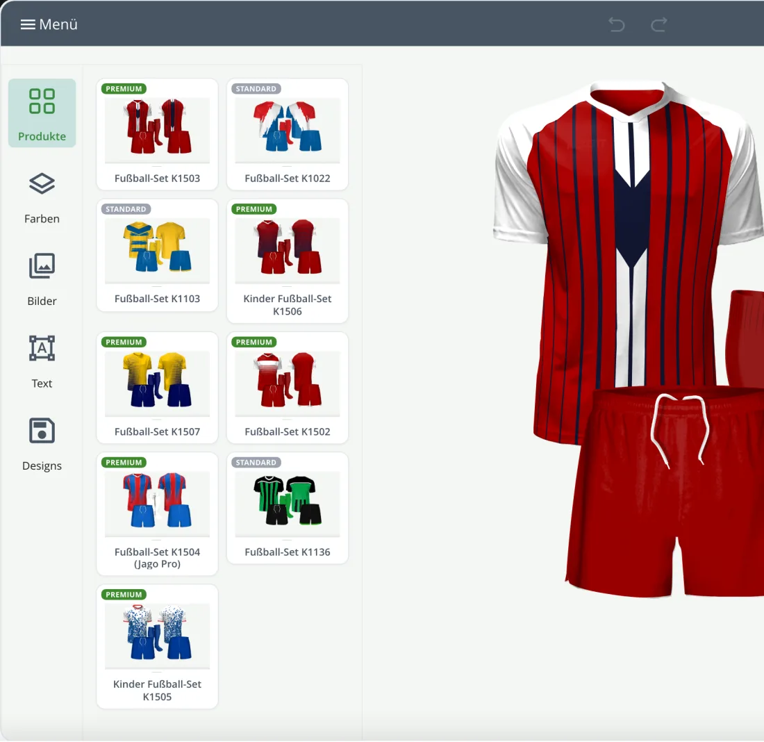 Trikotauswahl im Banasport-Designer – Modell-Kacheln mit Live-Vorschau