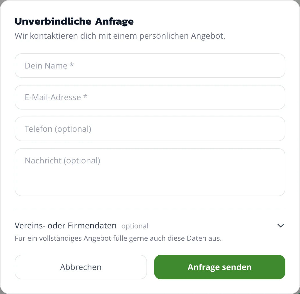 Bestellformular des Banasport-Designers – unverbindliche Anfrage senden